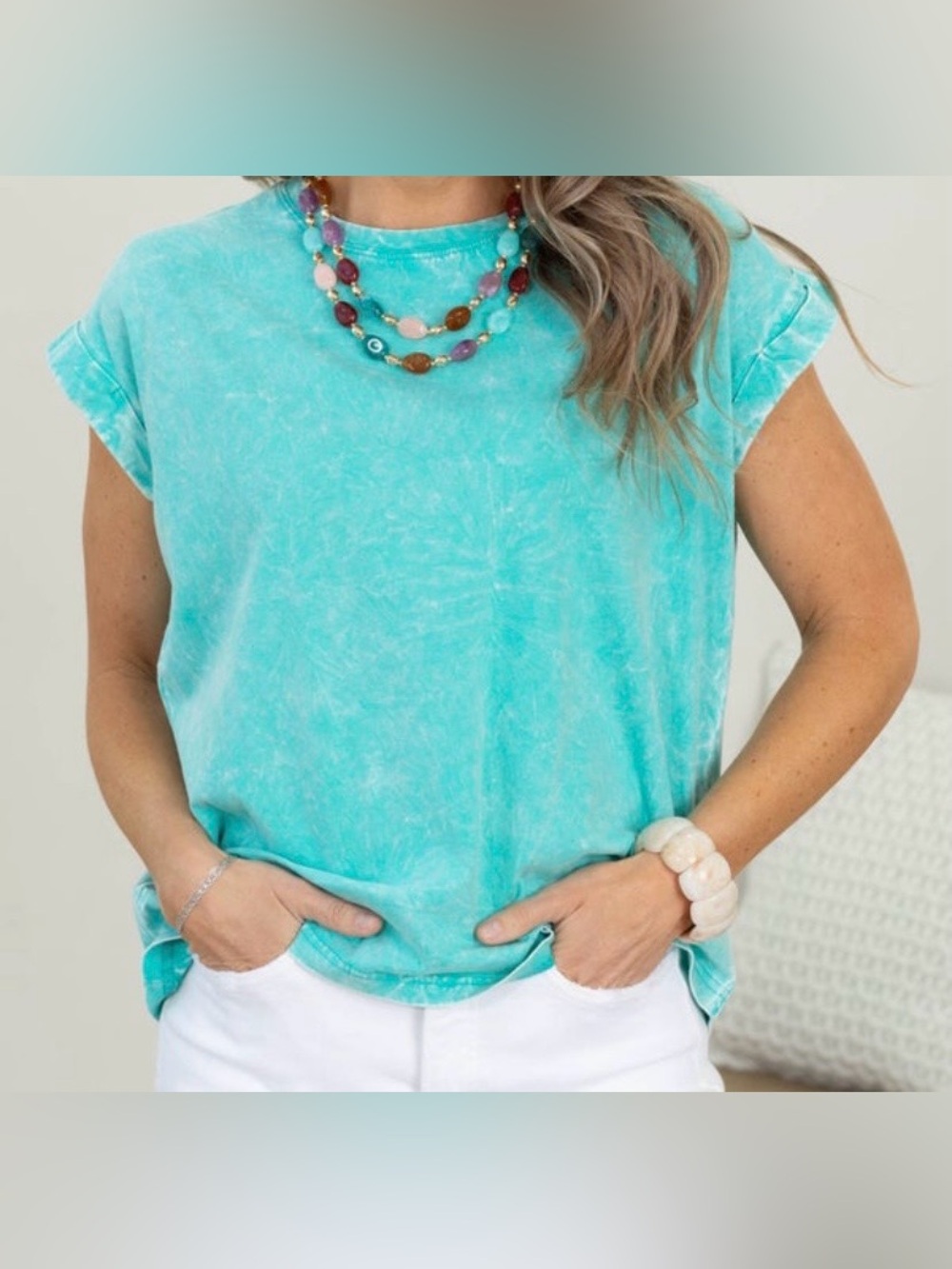 Womens Zenana Crinkle Washed Folded Short Sleeve Knit Top, Size Small, Turquoise